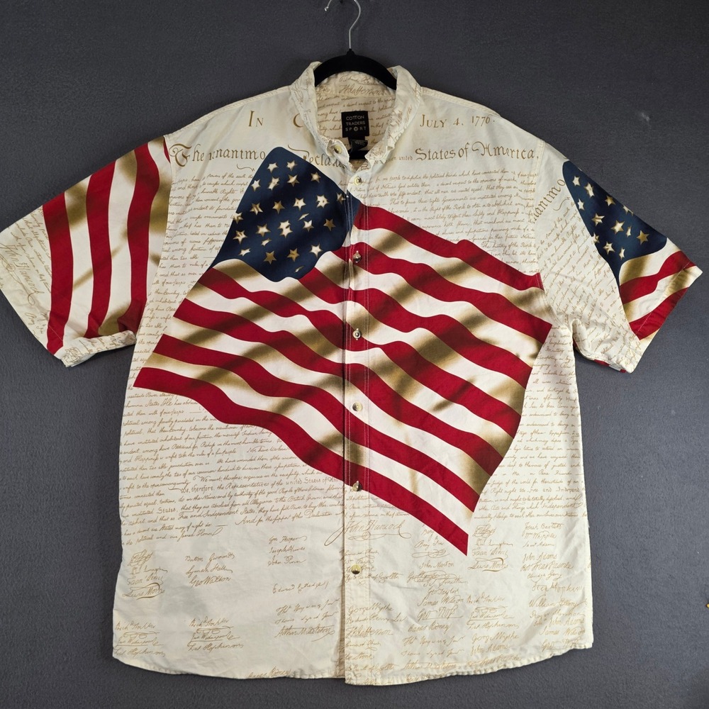 Cotton Traders Sport Shirt Mens XL Cream American Flag Declaration Independence